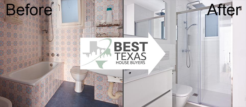 Before and after image of a bathroom renovated by Best Texas House Buyers, showing a dirty and outdated bathroom on the left, and a clean, modern bathroom on the right, representing the company’s commitment to repairs and rehab for sellers