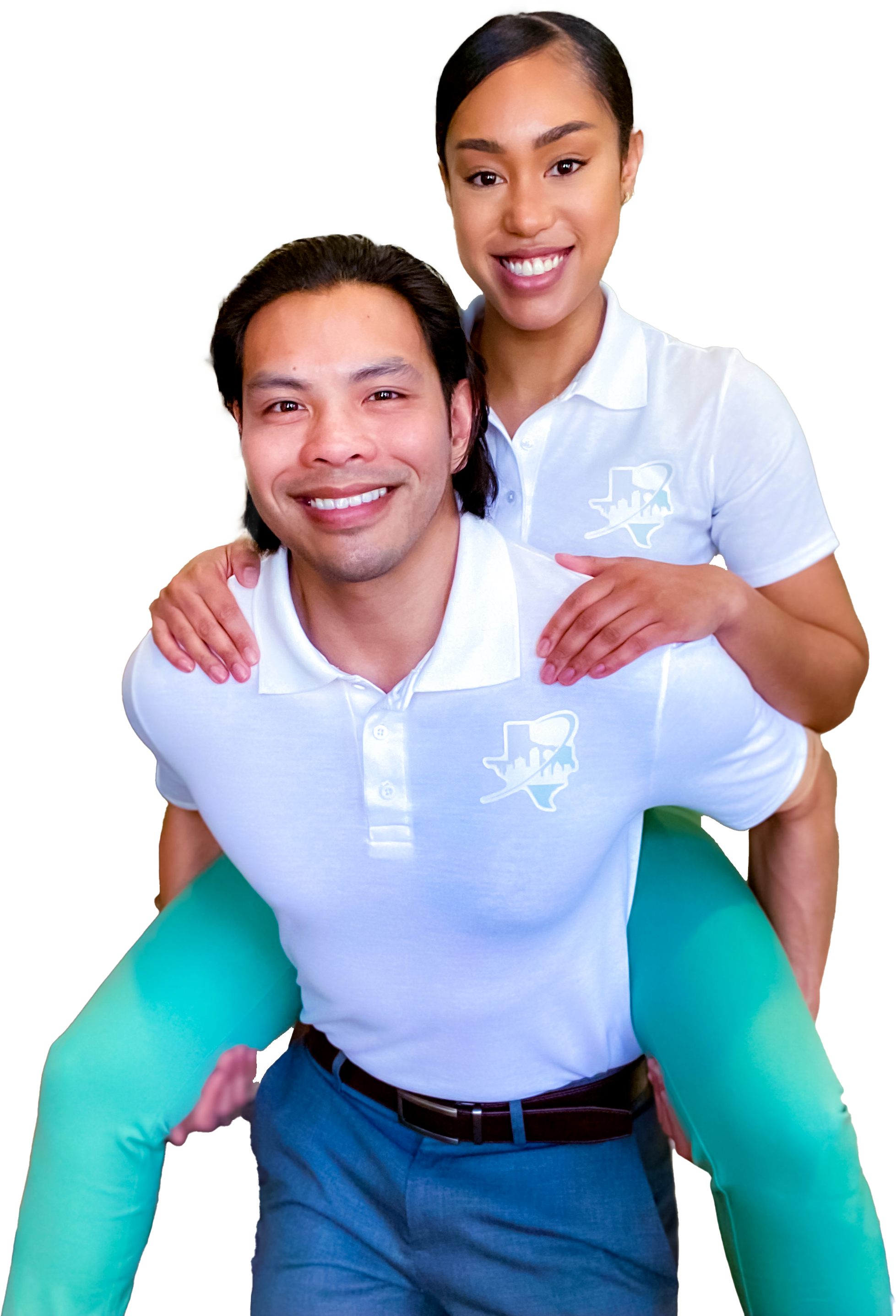 Mark Severino and Nicole, co-owners of Best Texas House Buyers, smiling into the camera while wearing branded polos, representing their commitment to providing hassle-free cash home-buying services in Dallas, Texas