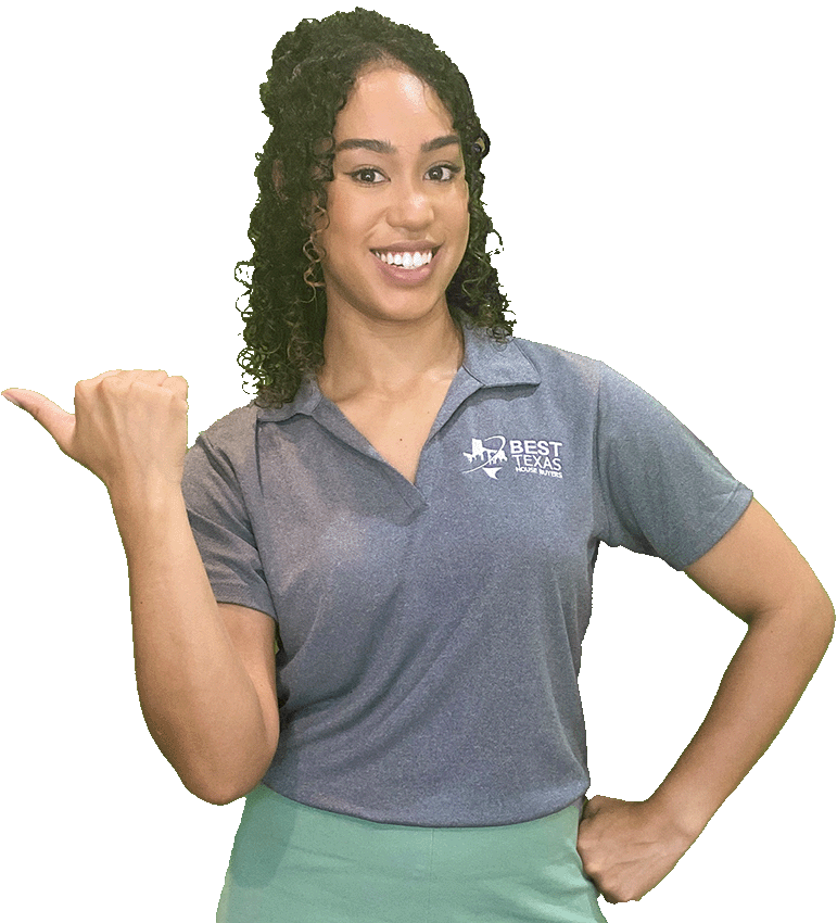 Nicole, co-owner of Best Texas House Buyers, pointing to the left, directing home sellers to important information about the stress-free cash home-selling process in Dallas
