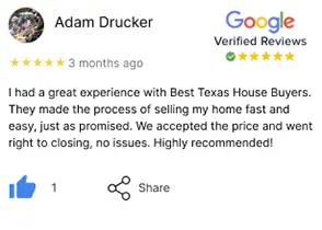 A five-star review from Adam, highlighting his excellent experience with Best Texas House Buyers and their fast, fair, and hassle-free cash home-buying process in Dallas.