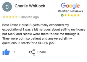Charlie's five-star review praising Best Texas House Buyers for their professionalism, transparency, and quick cash home-buying service in Dallas.