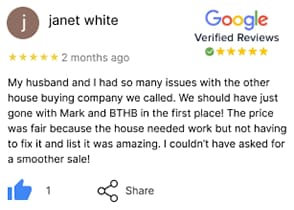 A glowing five-star review from Janet, sharing her positive experience selling her home quickly and easily with Best Texas House Buyers in Dallas.