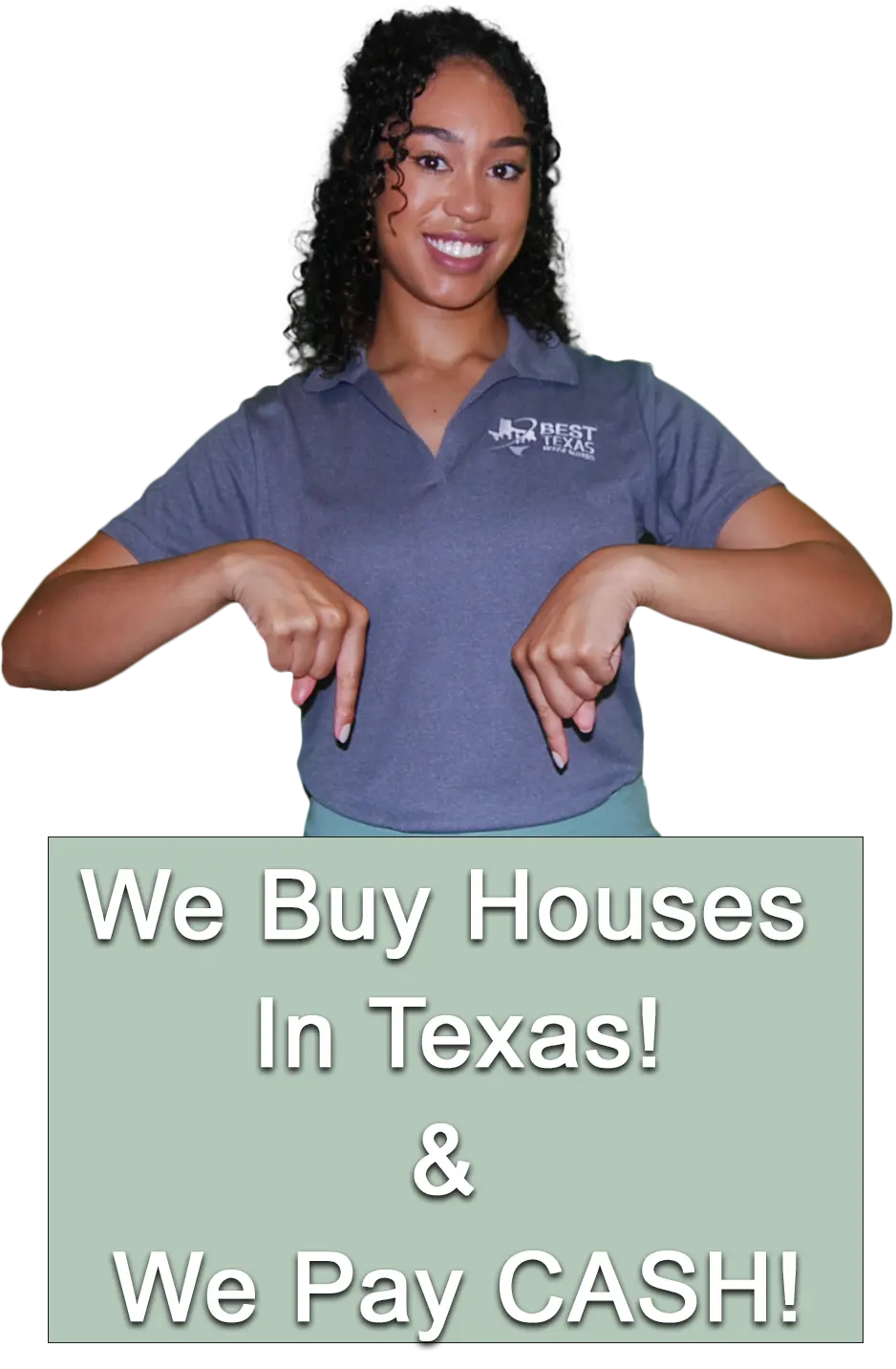 Nicole from Best Texas House Buyers pointing to a “We Buy Houses” sign, highlighting fast cash offers for Dallas home sellers