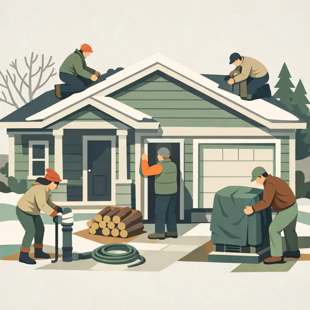 Illustration of homeowners winterizing a house showing repairs and maintenance sellers can avoid by selling their home as is for cash in Dallas Texas