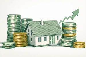 House increasing in value with upward arrow representing rising home prices and an opportunity for homeowners to sell their house fast for cash in Dallas Texas