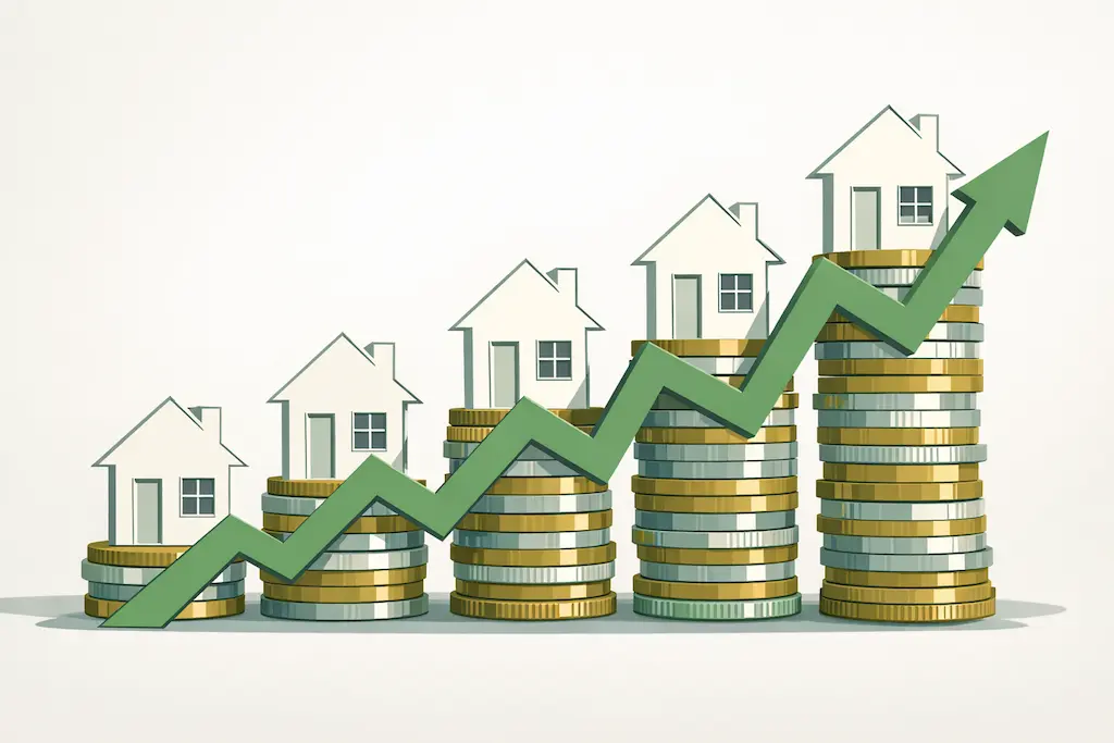 Multiple houses increasing in value with upward arrow and money symbols representing rising home prices and an opportunity for homeowners to sell their house fast for cash in Dallas Texas