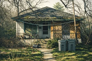 Neighbor’s house in disrepair with trash outside representing a distressed property homeowners can sell as is for cash in Dallas Texas to Best Texas House Buyers