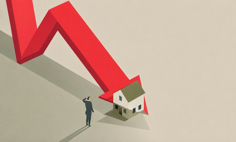 Red downward arrow over a house symbolizing declining home prices in Dallas Texas and the opportunity for homeowners to sell their house fast for cash to Best Texas House Buyers before values drop further
