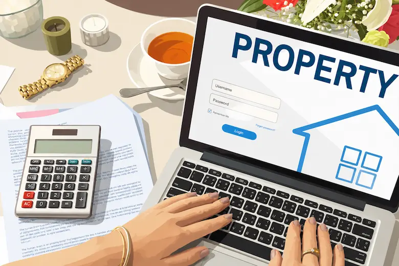 Homeowner using a laptop to research mortgage refinancing options and determine whether refinancing or selling a house makes more financial sense in Dallas Texas before accepting a cash offer from Best Texas House Buyers
