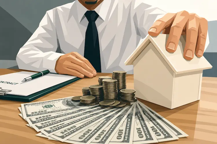 Cash in front of a house while a banker reviews mortgage documents, representing homeowners comparing a cash home sale with refinancing in Dallas Texas