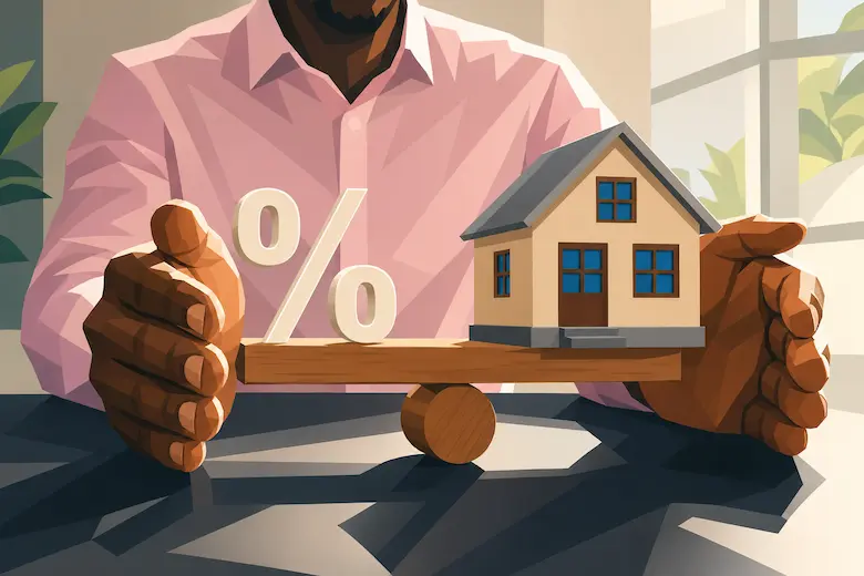 House balanced on a scale with mortgage interest percentage, representing homeowners weighing refinancing costs versus selling their house for cash in Dallas Texas to Best Texas House Buyers