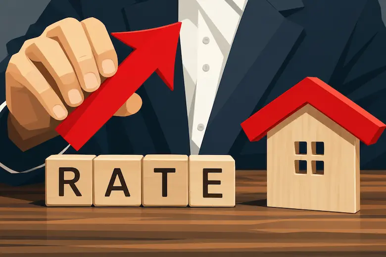 House with a red upward arrow representing rising mortgage interest rates and homeowners evaluating whether to refinance or sell their house for cash in Dallas Texas to Best Texas House Buyers
